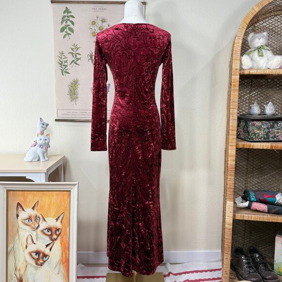 90s Y2k Red Crushed Velvet Maxi Dress Whimsigoth Vampire Romantic Goth Sexy S 4 - Picture 3 of 5